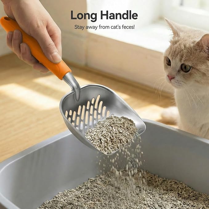Cat Litter Scoop, Large Long Handle Kitty Metal Scooper, Heavy Duty Aluminum Deep Sifter, Ergonomic Non-Slip Grip, Rustproof Durable Poop Cleaner for Cat Litter Box