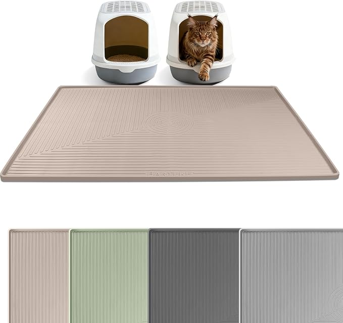 Silicone Cat Litter Mat 50" x 36" Cat Mat for Litter Box, Khaki | Extra Large Cat Litter Trapping Mat for Floor, Waterproof, Non-Slip Kitty Litter Box Mat with Raised Edge, Easy to Clean