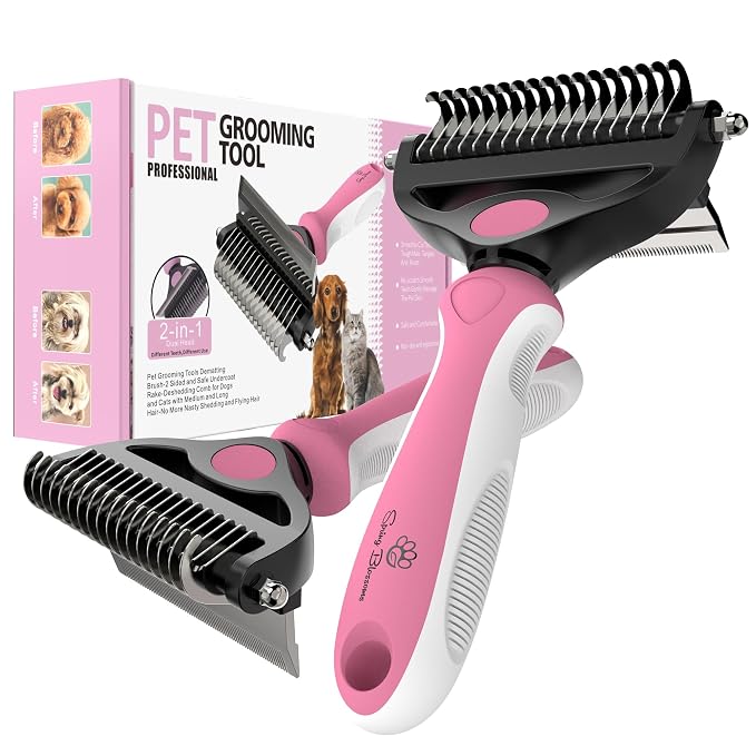 Spring Blossoms-2 in 1 Professional Grooming Rake for Cats & Dogs-Dematting Comb for Easy Mats & Tangles Removing,Pet Brush Safe No More Nasty Shedding and Flying Hair (Purple)