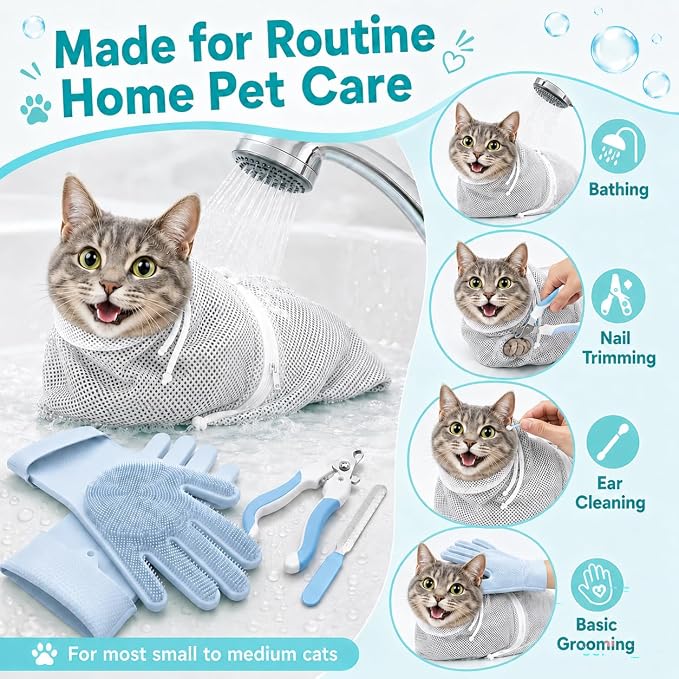Cat Bathing Set with Pet Grooming Gloves for Cat Grooming, Upgraded Breathable Cat Bag for Bath with Openable Zipper and Reinforced Handle, Cat Washing Set with Nail Clipper File (Gray)