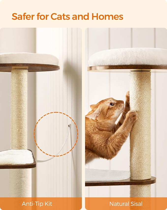 Feandrea Cat Tree, 64.6-Inch Modern Cat Tower, Multi-Level Condo with 5 Scratching Posts, Perch, Washable Removable Cushions, Cave, Rustic Brown UPCT166X01 | Modern Cat Condo for Indoor Cats, Perch, Washable Removable Cushions, Rustic Brown, CAEN Colle...