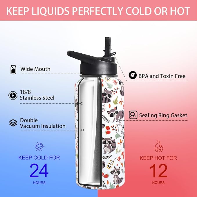 32oz Racoon Stainless Insulated Aater Water Bottle with Straw,Racoon Gym Hiking Sports Coffee Mug Cup Water Bottles,Racoon Gifts for Women,Racoon Decor Stuff Accessories