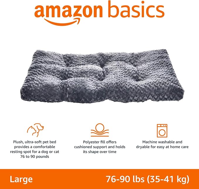 Amazon Basics Washable Cat and Dog Bed, Cozy Crate Pad for Large Dogs, Indoor, 40 x 27 x 3.5 inches, Gray