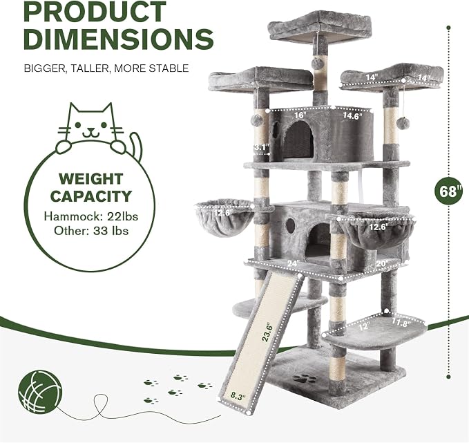 68 Inches Multi-Level Large Cat Tree for Large Kitties/Big Cat Tower with Condo/Cozy Plush Perches/Sisal Scratching Posts and Hammocks/ ‌Feline Activity Center Play House/Grey
