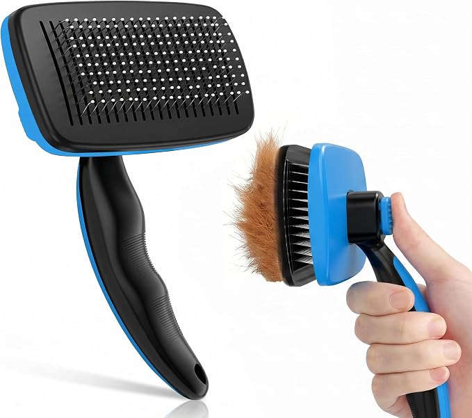 Pet Slicker Brush with Self-Cleaning Button – Deshedding & Grooming Tool for All Hair Types – Safe for Puppy, Kitten & Dogs, Cats, Blue, Hampton Distribution