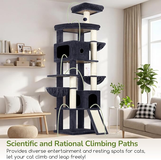 Globlazer F83C Pro Max Heavy Duty Maine Coon Cat Tree, 83in Tall Tower | Easy Assembly, Large Cats, 2 Condos, 3 Hanging Baskets, 2 Perches, 7 Sisal Scratching Posts, Anti-Topple Strap, Dark Grey