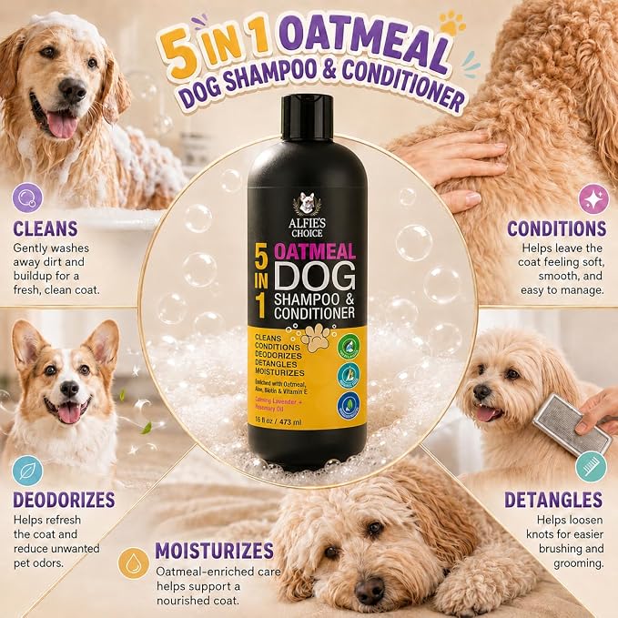 Oatmeal Dog Shampoo and Conditioner for Itchy Skin Relief 16 fl oz | 5-in-1 Puppy Shampoo for Sensitive Skin | Clean, Condition, Deodorize & Detangle | Dog Wash for All Breeds | ALFIE'S CHOICE