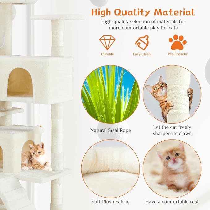 Sweetcrispy 54-inch Cat Tree Tower with Scratching Posts, Indoor Use | Multi-Level Indoor Cat Tree Condo with Climbing Ladder, Plush Toy, Play House for Kitten, Beige
