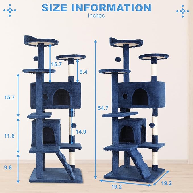 FDW | 54" Cat Tree Tower | Navy Blue | Multi-Level Indoor Activity Center | with Sisal Scratching Posts, Condos, Plush Perches, Hanging Cat Toys | Sturdy, Easy to Assemble | for Kittens & Adult Cats