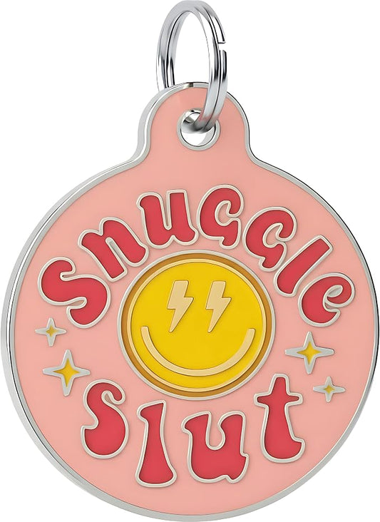 Bad Tags Personalized Dog and Cat ID Tags in 25+ Designs and 2 Sizes - 5 Lines of Custom Engraved Text - Funny Cute Personalized Pet Tags (Snuggle Sl*t - Pink, Small (1 inch))