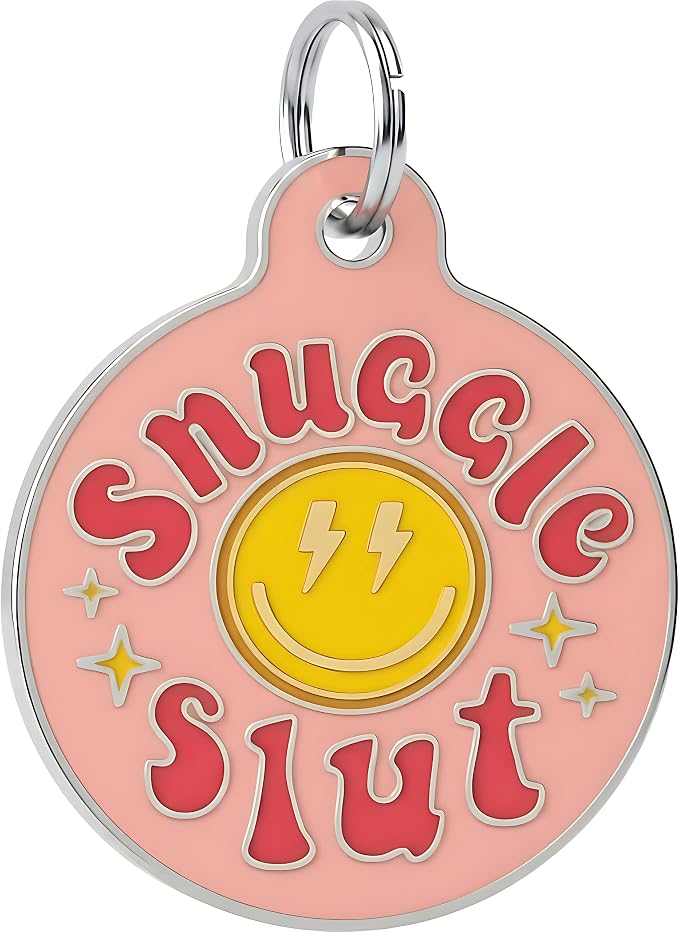 Bad Tags Personalized Dog and Cat ID Tags in 25+ Designs and 2 Sizes - 5 Lines of Custom Engraved Text - Funny Cute Personalized Pet Tags (Snuggle Sl*t - Pink, Large (1.25 inch))