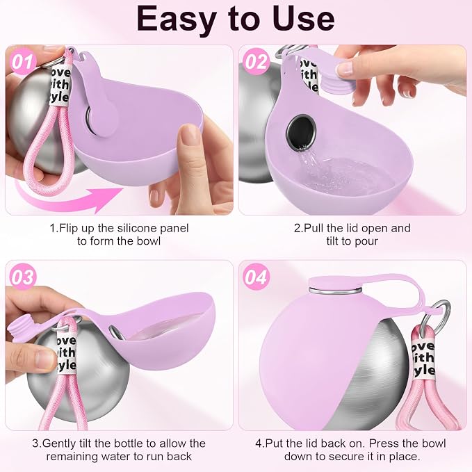 2 in 1 Dog Water Bottle with Bowl, 10oz Stainless Steel Travel Pet Water Dispenser, No-Spill Leak-Proof Design with Silicone Bowl, Compact Pet Drinking Bowl for Puppies Outdoor (Pink)