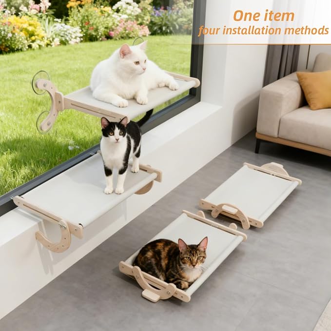 Window Cat Bed, Sturdy Cat Window Perch, Adjustable 4-in-1 Cat Hammock, 4 Modes for Complex Scenarios, Durable & Safe Hanging Seat for Kittens, Cats, Small Pets to Sleep & Play (Grey, 18inch)