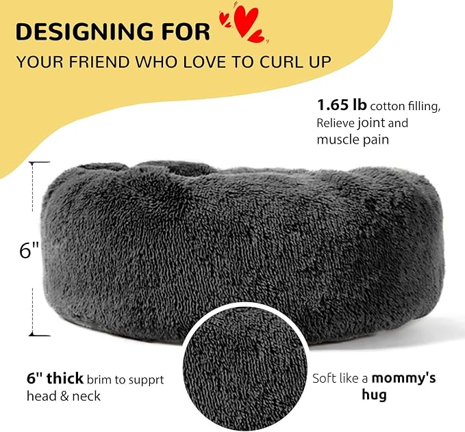 HACHIKITTY Calming Donut Cuddler Dog Bed, Round Fluffy Pet Bed for Small Dogs,Washable, Large, Black, 24''