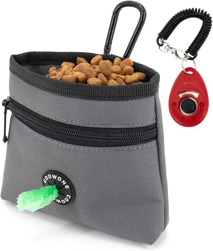 Dog Treat Pouch with Pet Training Clicker, Detachable Dog Puppy Training Treat Bag, 900D Oxford Cloth Magnetic Closure Small Dog Poop Bag Holder for Travel or Outdoor Use
