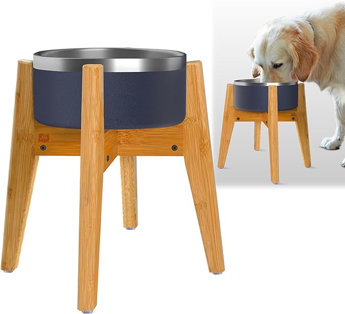 Dog Bowl Stand for Mid-Large Dogs | Adjustable, Bamboo, 12-inch High | Use to Elevate, Raise Pet Food Water and Slow Feeder Bowls, Expandable with Locking Option, Non-Slip Feet, Stand Only