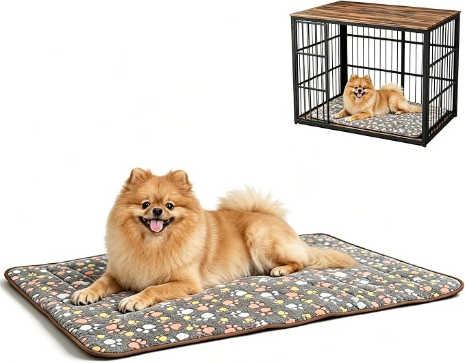 Washable Dog Bed Mat, Upgraded Non-Slip Durable Dog Bed, Soft and Comfortable, Machine Washable Luxury Kennel Pad, Paw Pattern Design Kennel Beds Mats for Large Medium Small Pets, 27.6" x 21.7"