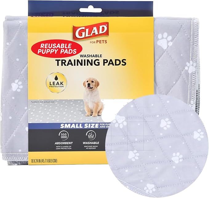 Glad for Pets Washable Dog Training Pads, Small, 18 x 24, 2 Count | 3-layer leak protection, no-slip vinyl bottom, gray with paw prints, reusable for puppies and adult dogs