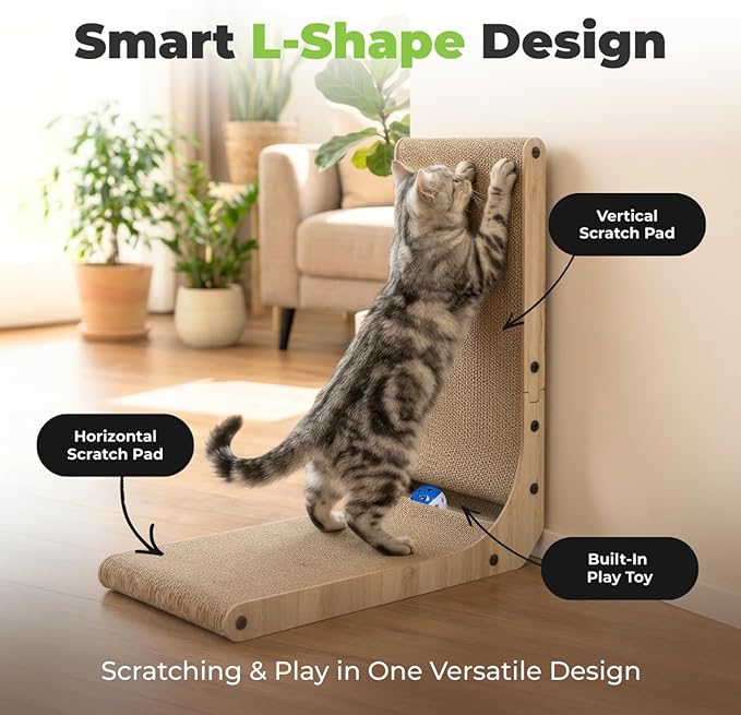 Best Pet Supplies Catify Cat Scratcher, Fun Interactive Scratchers, Posts, Poles, Claw Safe, Furniture Saver Indoor Play Support Natural Cat Behaviors Heavy Duty - L-Shape - H: 19"