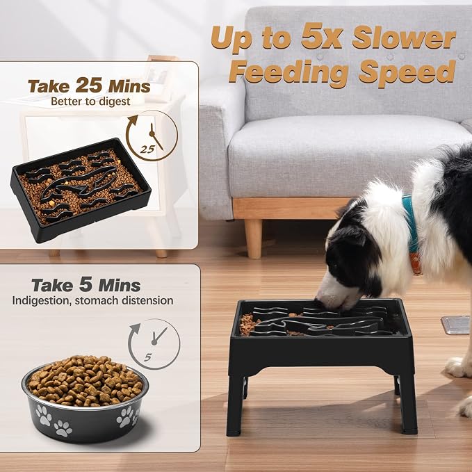 9 Cups Elevated Slow Feeder Dog Bowls 4 Adjustable Heights, Black | Raised Dog Slow Feeder Bowls, Dog Food Bowl Stand, Non Slip Anti Gulping Slow Eating Dog Bowl for Medium & Large Dogs