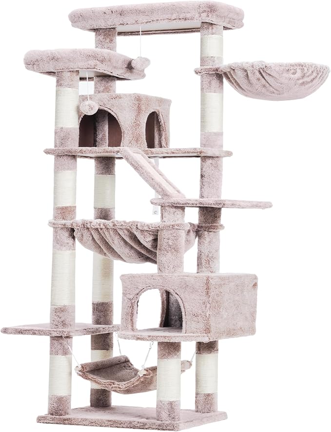 Heybly Cat Tree, 71-Inch-Tall Tower for Indoor Cats with 2 Perches HCT034MU | Large Cat Furniture with 2 Big Condos, 2 Hammocks, Basket, Scratching Pad, Multi-Level Cat Condo, Rosy Brown