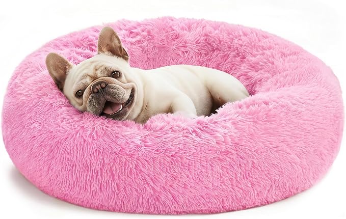 Love's cabin Calming Cat Bed for Indoor Cats, Anti-Anxiety Donut Round Dog Bed, Fluffy Faux Fur Washable Pet Bed for Small Medium Dogs and Cats, Pink, 20in