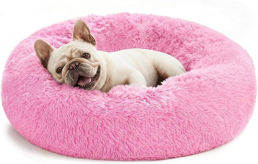 Love's cabin Calming Cat Bed for Indoor Cats, Anti-Anxiety Donut Round Dog Bed, Fluffy Faux Fur Washable Pet Bed for Small Medium Dogs and Cats, Pink, 20in