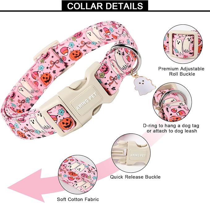 ARING PET Halloween Dog Collars, Cute Pink Pumpkin Ghost Flower Bowtie Pet Collar with Quick Release Buckle for Small Medium Large Girl Boy Dogs-M