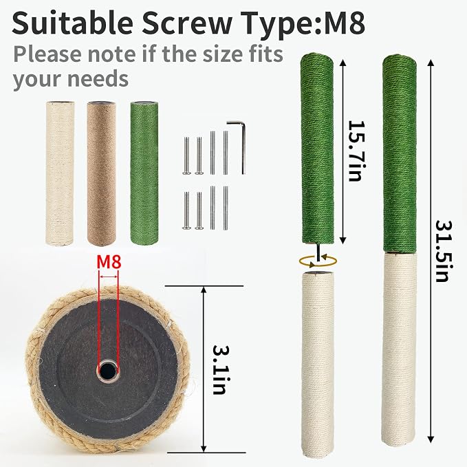 VCEPJH 4-Piece Cat Scratching Post Replacement - 15.7in Refill Pole Parts with Jute Rope - Cat Furniture Protector with M8 Screws for Cat Tree Tower (Yellow)