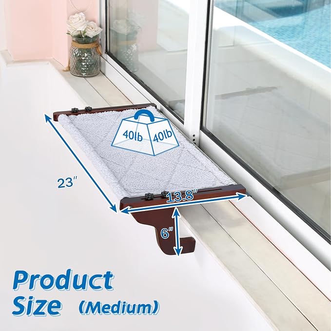 Zakkart Easy Seat Cat Perch for Windowsill (Dark Stained Wood/Gray, M) | Hook-On Windowsill Mount, Clean Hammock Design, Premium Wood & Robust Metal Frame, Machine Washable Bed, 23"W x 14"D