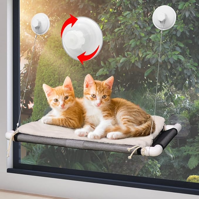 Cat Window Perch, Cat Hammock w/Fleece Blanket, Screw Suction Cups, Brown | Window Bed Holds 2 Large Cats, Sturdy Resting Seat Indoor with One Extra Suction Cup