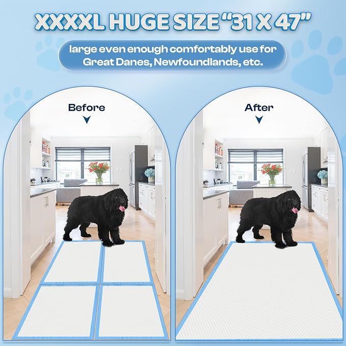 Boscute 4XL Thicken 6 Layers Ultra Absorbent Dog Pee Pads, 31”X47”Leak-Proof Odor-Control Quick Dry Puppy Training Pads Quick Dry Pee Pads for Dogs Cats Pets 150Counts