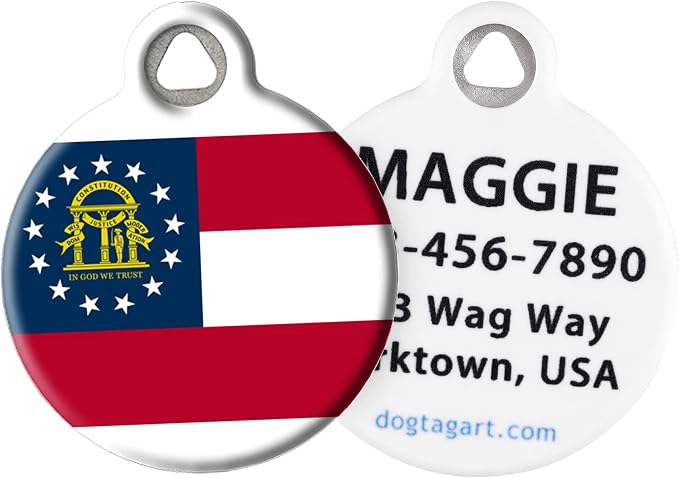 Georgian State Flag Personalized Pet ID Tag for Dogs and Cats, Silent Polymer Coated Stainless Steel Georgia Flag Nametag with Customized Identification Information - Small .875" Diameter