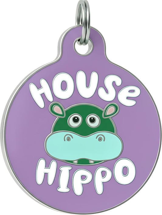 Bad Tags Personalized Dog and Cat ID Tags in 25+ Designs and 2 Sizes - 5 Lines of Custom Engraved Text - Funny Cute Personalized Pet Tags (House Hippo - Purple, Small (1 inch))