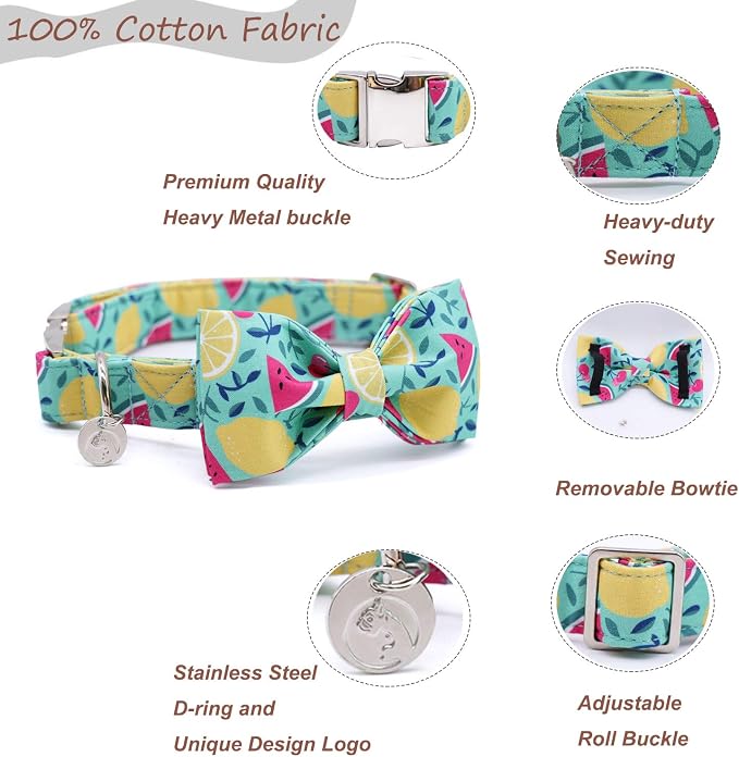 DOGWONG Cotton Summer Dog Collars, Lemon Bowtie Dog Collar, Adjustable Heavy Duty Girl Dog Collar with Bow for Small Medium Large Dogs,S