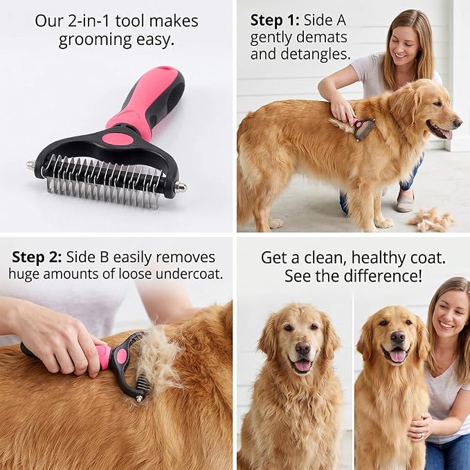 Dematting Comb for Dogs and Cats, Undercoat Rake Pet Brush for Long Hair, Deshedding Dog Brush Removes Tangles Knots and Loose Fur, Grooming Tool for Thick Coats (Pink L)
