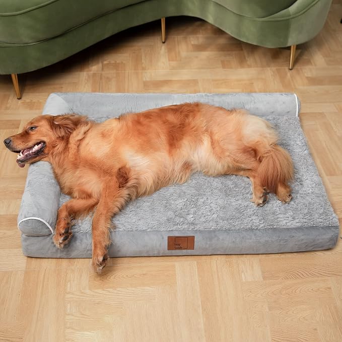 Orthopedic Dog Bed, Pet Sofa with Bolster for Extra Large Dogs | Egg Crate Foam, Removable Washable Cover, Waterproof Lining, Non-Slip Bottom, L-Shape, Cozy Plush, 42 x 30 Inch, Grey
