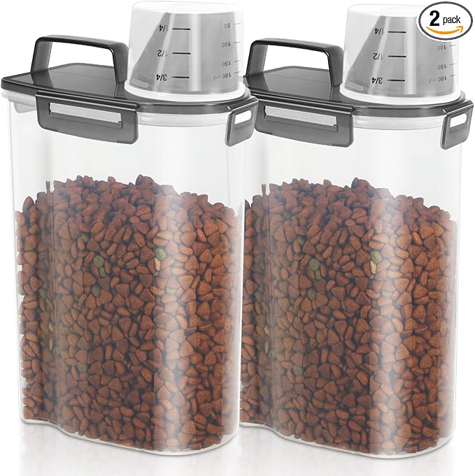 2 Pack 3 Lbs Pet Dog Cat Food Bird Seed Storage Containers for Travel -Grey | Airtight 5 Lbs Rice Dispenser Flour Container Keep Fresh Portable Cereal Oatmeal Holder Large Pour Spout Measuring Cup Handle