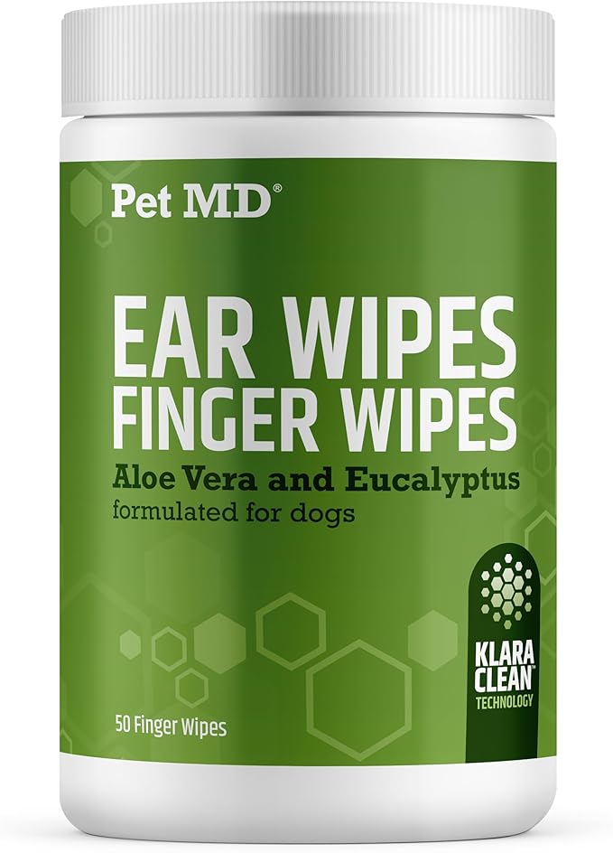 Pet MD Dog Ear Cleaning Wipes - with Eucalyptus & Aloe Vera for Dogs - 50ct | Extra-Coverage and Large Design - Alcohol-Free Pet Ear Cleaning Finger Wipes to Remove Dirt, Debris, and Wax