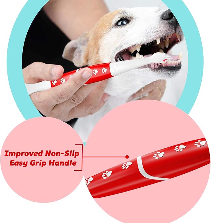Pet Toothbrush for Dogs, Cats with Soft Bristles - Easy Teeth Cleaning & Dental Care, Non Slip Dual Head Dog Toothbrush for Medium & Large Pets, Toothpaste Not Included, Pack of 4 Red