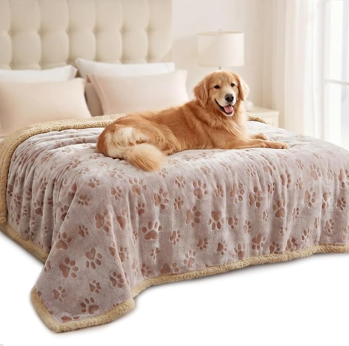 Luciphia Waterproof Pet Blankets Whith Paw Print for Couch Sofa Bed Cover, Liquid Pee Proof Soft Fluffy Dog Blanket Washable, Reversible Furniture Protection Puppy Cat, Khaki, X-Large（85" x 57"）