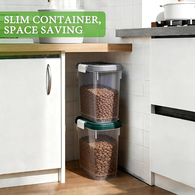 Airtight Dog Cat Food Storage Container 10 Lbs, Slim Tall Pet Food Bin | Pet Food Treat Container with Lid, Scoop and Cup, Clear Plastic Dry Food Storage Bin for Dog, Cat, Bird Seed, Kibble, Pellet