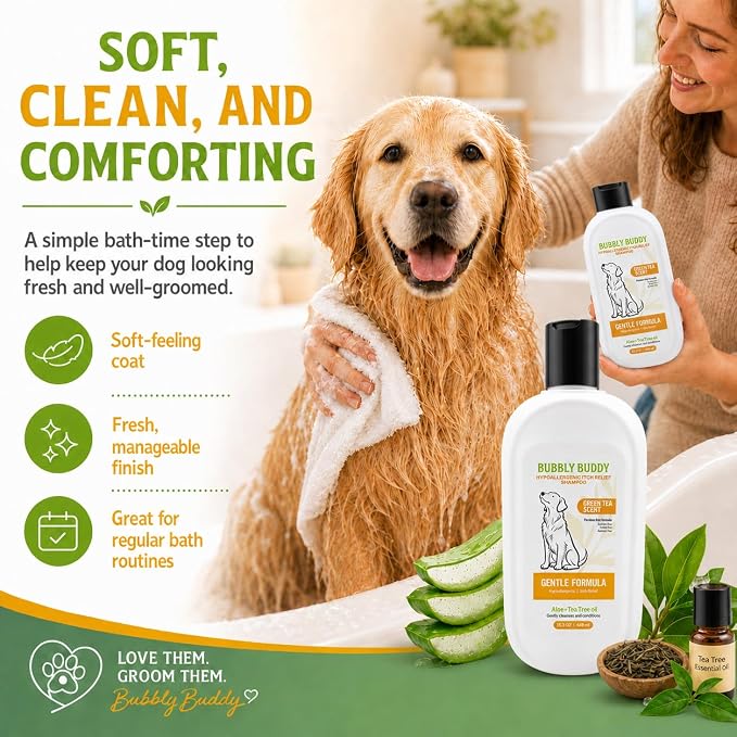 Hypoallergenic Itch Relief Shampoo for Dogs, Green Tea Scent Dog Shampoo with Aloe, Tea Tree Oil, Colloidal Oatmeal, Jojoba Oil & Vitamin E, pH Balanced Sensitive Skin & Anti-Itch Care, 15.5 fl oz