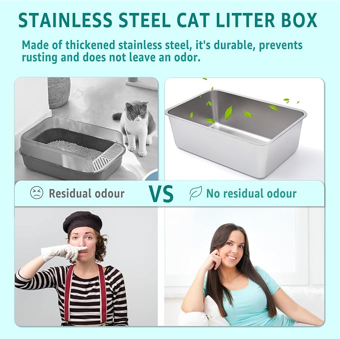 Stainless Steel Cat Litter Box Small,Cat Litter Box for Kitty/Rabbits Easy to Clean,Metal LitterBox for Kitty/Kitten or Bath Pan,Non Stick, No Smell,15.5" L x 11.7" W x 4" H