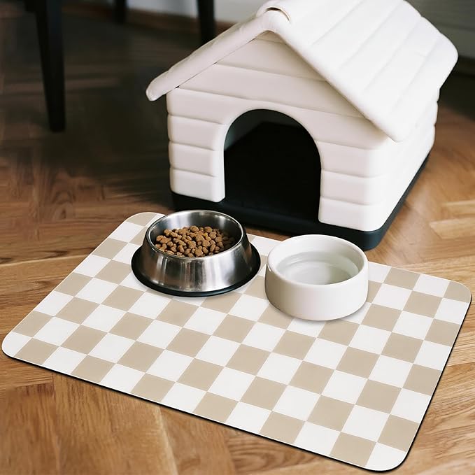 CooRug Checkered Dog Food Mat, Pet Feeding Mat 32" L x 17" W, Beige | Absorbent, Leak-Proof, Anti-slip, Quick Dry, Eco-friendly Materials, Easy to clean and store, For Messy Drinkers