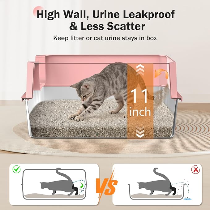 Stainless Steel Litter Box, Extra Large Litter Boxes for Big Cats, XLarge Metal Cat Litter Box with Lid, Anti-Urine Leakage XL Box with High Sides, Easy Clean, Non-Sticky, Scoop Included (Pink, XL)