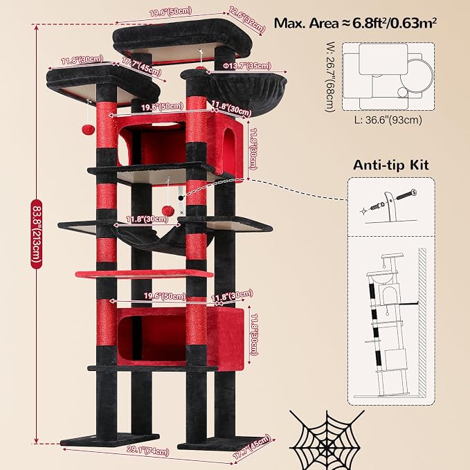 Globlazer Gothic Giant Tall Heavy Duty Cat Tower for Indoor Large Cat, F83B | XXL Multi-Level Large Cat Condo with 8 Scratching Posts, Hammock, 2 Cat Caves, 2 Platform, Black Red