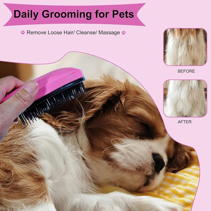 3 PCS Puppy Brush Grooming Kit, Stainless Steel Flea Comb, Fit for Yorkie, Shih Tzu, Maltipoo, Soft Bristle (Pink)