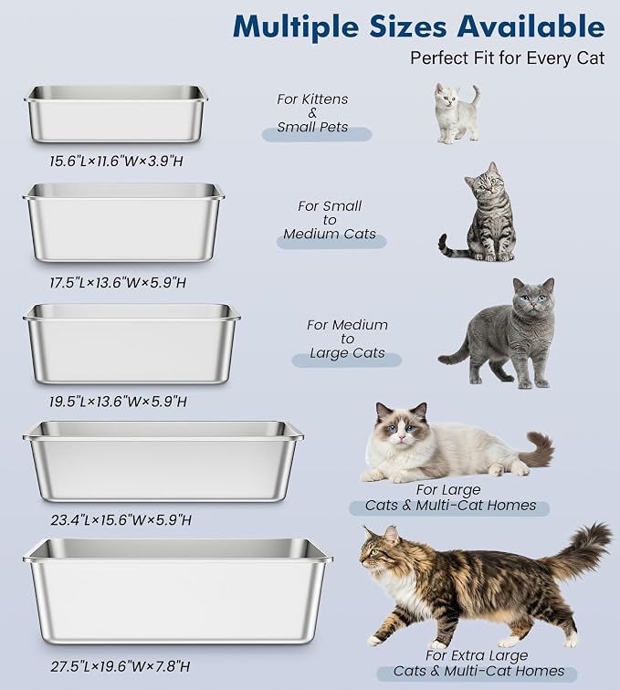 Qiuma Stainless Steel Litter Box, Metal Cat Litter Box with High Sides, Odor-Free, Non-Stick, Easy to Clean, 17.5"×13.6"×5.9", Ideal Size for Small to Medium Cats, Litter Tray