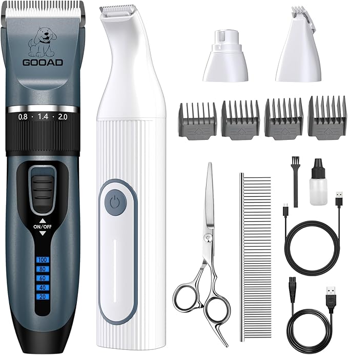 4 in 1 Dog Clippers Grooming Kit and Paw Trimmer for Thick Hair&Coats | 3-in-1 Clipper+Paw Trimmer+Nail Grinder, <60dB Quiet, Cordless,LED Display, 4 Guide Combs, Detachable Titanium-Ceramic Blade